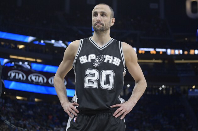 San Antonio Spurs guard Manu Ginobili (20) walks up the court during the first half of an NBA basketball game against the Orlando Magic in Orlando, Fla., Wednesday, Feb. 15, 2017. (AP Photo/Phelan M. Ebenhack)
