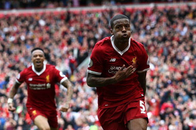 LIVERPOOL, ENGLAND - MAY 21:  Georginio Wijnaldum of Liverpool celebrates scoring his sides first goal during the Premier League match between Liverpool and Middlesbrough at Anfield on May 21, 2017 in Liverpool, England.  (Photo by Jan Kruger/Getty Images)