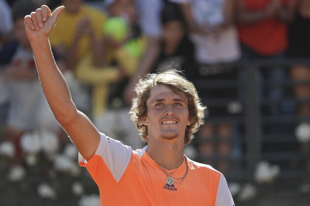 Germany's Alexander Zverev celebrates after winning his semi final match against John Isner, of the United States, at the Italian Open tennis tournament, in Rome, Saturday, May 20, 2017. (AP Photo/Gregorio Borgia)