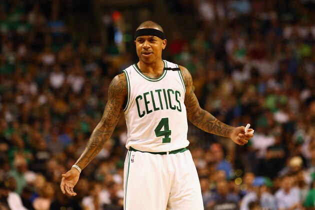 BOSTON, MA - MAY 19:  (EDITORS NOTE: Retransmission with alternate crop.) Isaiah Thomas #4 of the Boston Celtics reacts in the first half against the Cleveland Cavaliers during Game Two of the 2017 NBA Eastern Conference Finals at TD Garden on May 19, 2017 in Boston, Massachusetts. NOTE TO USER: User expressly acknowledges and agrees that, by downloading and or using this photograph, User is consenting to the terms and conditions of the Getty Images License Agreement.  (Photo by Adam Glanzman/Getty Images)