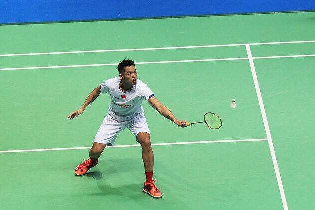 WUHAN, CHINA - APRIL 30:  Lin Dan of China hits a return during the men's singles final match against  Chen Long of China at the 2017 Badminton Asia Championships on Apirl 30, 2017 in Wuhan, central China's Hubei province.  (Photo by Wang HE/Getty Images)
