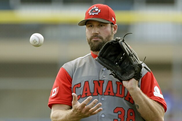 Canada pitcher Eric Gagne catches the ball after a warm up pitch before pitching against the Toronto Blue Jays in the fourth inning of an exhibition baseball game, Tuesday, March 7, 2017, in Dunedin, Fla. (AP Photo/John Raoux)