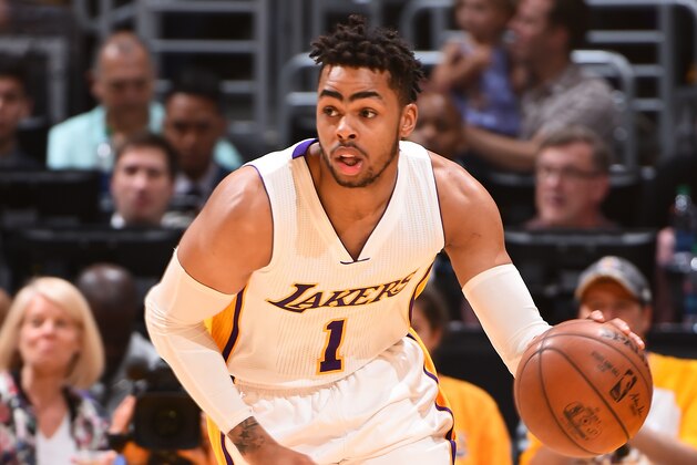 LOS ANGELES, CA - APRIL 2: D'Angelo Russell #1 of the Los Angeles Lakers handles the ball against the Memphis Grizzlies on April 2, 2017 at STAPLES Center in Los Angeles, California. NOTE TO USER: User expressly acknowledges and agrees that, by downloading and/or using this Photograph, user is consenting to the terms and conditions of the Getty Images License Agreement. Mandatory Copyright Notice: Copyright 2017 NBAE (Photo by Andrew D. Bernstein/NBAE via Getty Images)