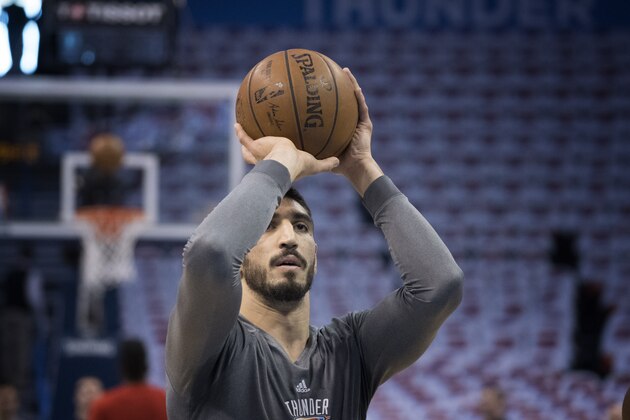 OKLAHOMA CITY, OK - APRIL 23: Enes Kanter #11 of the Oklahoma City Thunder shoots free throws shots before the first half of Game Four in the 2017 NBA Playoffs Western Conference Quarterfinals on April 23, 2017 in Oklahoma City, Oklahoma. NOTE TO USER: User expressly acknowledges and agrees that, by downloading and or using this photograph, User is consenting to the terms and conditions of the Getty Images License Agreement. (Photo by J Pat Carter/Getty Images)
