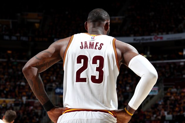 CLEVELAND, OH - MAY 21: LeBron James #23 of the Cleveland Cavaliers looks on during the game against the Boston Celtics in Game Three of the Eastern Conference Finals during the 2017 NBA Playoffs on May 21, 2017 at Quicken Loans Arena in Cleveland, Ohio.  NOTE TO USER: User expressly acknowledges and agrees that, by downloading and or using this Photograph, user is consenting to the terms and conditions of the Getty Images License Agreement. Mandatory Copyright Notice: Copyright 2017 NBAE (Photo by Nathaniel S. Butler/NBAE via Getty Images)