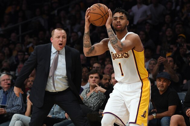 LOS ANGELES, CA - APRIL 9: Head coach Tom Thibodeau of the Minnesota Timberwolves yells in an attempt to disturb D'Angelo Russell #1 of the Los Angeles Lakers three-point basket attempt during the second half of the basketball game at Staples Center April 9, 2017, in Los Angeles, California. NOTE TO USER: User expressly acknowledges and agrees that, by downloading and or using this photograph, User is consenting to the terms and conditions of the Getty Images License Agreement. (Photo by Kevork Djansezian/Getty Images)
