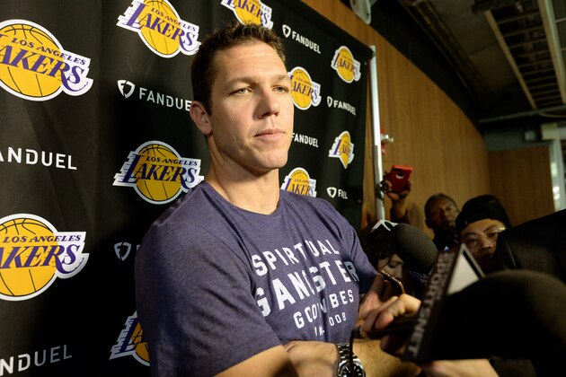LOS ANGELES, CA - APRIL 11: Luke Walton of the Los Angeles Lakers talks with the media before the game against the New Orleans Pelicans on April 11, 2017 at STAPLES Center in Los Angeles, California. NOTE TO USER: User expressly acknowledges and agrees that, by downloading and/or using this Photograph, user is consenting to the terms and conditions of the Getty Images License Agreement. Mandatory Copyright Notice: Copyright 2017 NBAE (Photo by Andrew D. Bernstein/NBAE via Getty Images)