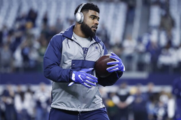 ARLINGTON, TX - JANUARY 15: Ezekiel Elliott #21 of the Dallas Cowboys looks on before the NFC Divisional Playoff game against the Green Bay Packers at AT&T Stadium on January 15, 2017 in Arlington, Texas. The Packers defeated the Cowboys 34-31. (Photo by Joe Robbins/Getty Images)