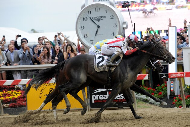 IMAGE DISTRIBUTED FOR LONGINES -Cloud Computing, ridden by jockey Javier Castellano, edges past Classic Empire to win the 142nd Preakness Stakes and the second leg of the Triple Crown, Saturday, May 20, 2017, at Pimlico Race Course in Baltimore. Longines, the Swiss watch manufacturer known for its elegant timepieces, is the Official Watch and Timekeeper of the Triple Crown. (Diane Bondareff/AP Images for Longines)