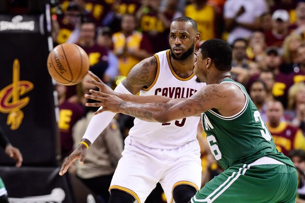 CLEVELAND, OH - MAY 21:  LeBron James #23 of the Cleveland Cavaliers defends against Marcus Smart #36 of the Boston Celtics in the second half during Game Three of the 2017 NBA Eastern Conference Finals at Quicken Loans Arena on May 21, 2017 in Cleveland, Ohio. NOTE TO USER: User expressly acknowledges and agrees that, by downloading and or using this photograph, User is consenting to the terms and conditions of the Getty Images License Agreement.  (Photo by Jason Miller/Getty Images)