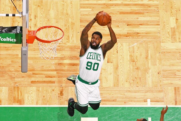 BOSTON, MA - MAY 10:  Amir Johnson #90 of the Boston Celtics dunks the ball against the Washington Wizards in Game Five of the Eastern Conference Semifinals during the 2017 NBA Playoffs on May 10, 2017 at the TD Garden in Boston, Massachusetts. NOTE TO USER: User expressly acknowledges and agrees that, by downloading and/or using this photograph, user is consenting to the terms and conditions of the Getty Images License Agreement. Mandatory Copyright Notice: Copyright 2017 NBAE (Photo by Nathaniel S. Butler/NBAE via Getty Images)