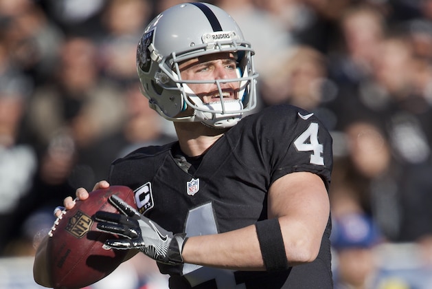 OAKLAND, CA - DECEMBER 24:  Quarterback Derek Carr #4 of the Oakland Raiders looks to throw against the Indianapolis Colts in the second quarter on December 24, 2016 at Oakland-Alameda County Coliseum in Oakland, California.  The Raiders won 33-25.  (Photo by Brian Bahr/Getty Images)