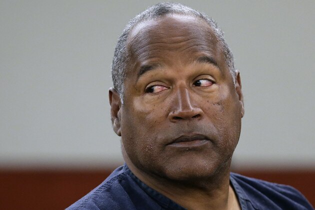 FILE - In this May 13, 2013, file photo,  O.J. Simpson appears during an evidentiary hearing in Clark County District Court, in Las Vegas. Prosecutors in Las Vegas say Simpson got a fair trial in a hotel room confrontation over sports memorabilia, and the evidence supporting his 2008 conviction and imprisonment on kidnapping and armed robbery charges is overwhelming. He has served more than six years of a 9-to-33 year Nevada prison sentence, and isn't eligible for parole until 2017. Simpson lawyers didn't immediately respond Tuesday, Sept. 30, 2014 to messages. Simpson is now 67. (AP Photo/Julie Jacobson, Pool, File)