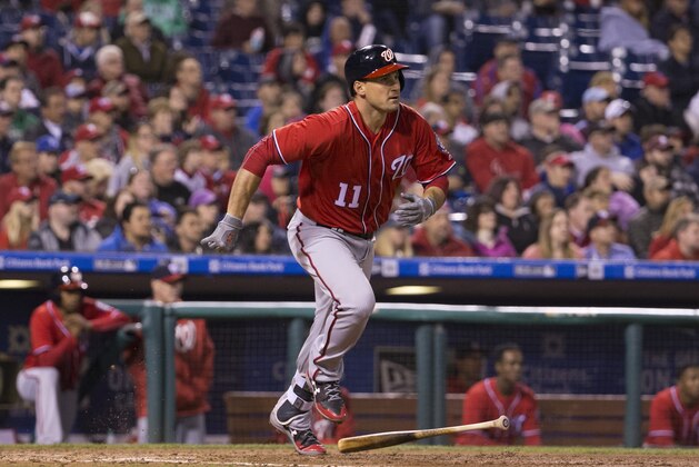 PHILADELPHIA, PA - MAY 06: Ryan Zimmerman #11 of the Washington Nationals hits an RBI double in the top of the sixth inning against the Philadelphia Phillies at Citizens Bank Park on May 6, 2017 in Philadelphia, Pennsylvania. The Nationals defeated the Phillies 6-2. (Photo by Mitchell Leff/Getty Images)