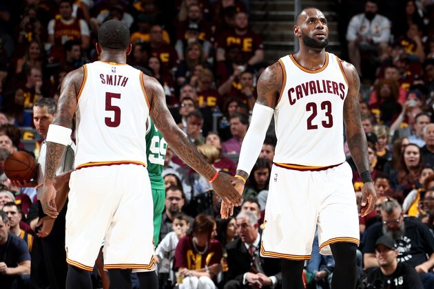 CLEVELAND, OH - MAY 21: LeBron James #23 and JR Smith #5 of the Cleveland Cavaliers high five each other during the game against the Boston Celtics in Game Three of the Eastern Conference Finals during the 2017 NBA Playoffs on May 21, 2017 at Quicken Loans Arena in Cleveland, Ohio.  NOTE TO USER: User expressly acknowledges and agrees that, by downloading and or using this Photograph, user is consenting to the terms and conditions of the Getty Images License Agreement. Mandatory Copyright Notice: Copyright 2017 NBAE (Photo by Nathaniel S. Butler/NBAE via Getty Images)