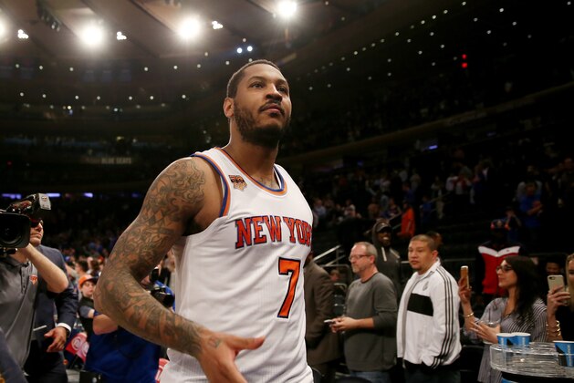 NEW YORK, NY - APRIL 12:  Carmelo Anthony #7 of the New York Knicks walks off the court after the 114-113 win over the Philadelphia 76ers at Madison Square Garden on April 12, 2017 in New York City. NOTE TO USER: User expressly acknowledges and agrees that, by downloading and or using this Photograph, user is consenting to the terms and conditions of the Getty Images License Agreement  (Photo by Elsa/Getty Images)