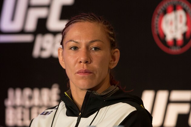 CURITIBA, BRAZIL - MAY 14: Cris Cyborg Justino  of Brazil attends the media after the fight against Leslie Smith of the United States in their catchweight bout during the UFC 198 at Arena da Baixada stadium on May 14, 2016 in Curitiba, Brazil. (Photo by Buda Mendes/Zuffa LLC/Zuffa LLC via Getty Images)