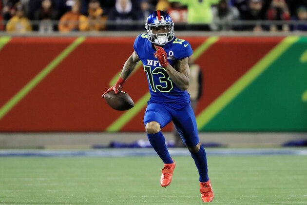 ORLANDO, FL - JANUARY 29:  Odell Beckham Jr #13 of the NFC carries the ball against the AFC during the NFL Pro Bowl at the Orlando Citrus Bowl on January 29, 2017 in Orlando, Florida.  (Photo by Sam Greenwood/Getty Images)