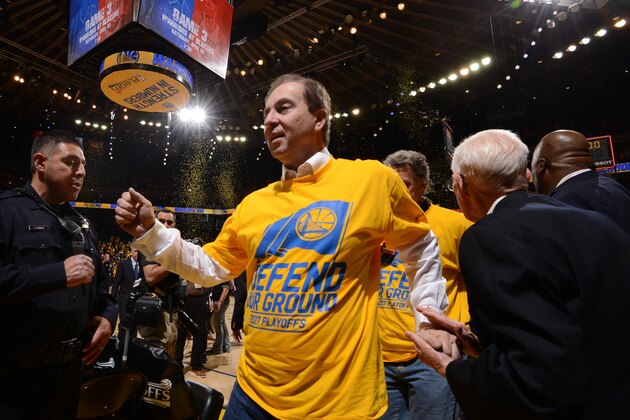 OAKLAND, CA - APRIL 19:  Joe Lacob of the Golden State Warriors walks off the court after Game Two of the Western Conference Quarterfinals against the Portland Trail Blazers during the 2017 NBA Playoffs on April 19, 2017 at ORACLE Arena in Oakland, California. NOTE TO USER: User expressly acknowledges and agrees that, by downloading and or using this photograph, user is consenting to the terms and conditions of Getty Images License Agreement. Mandatory Copyright Notice: Copyright 2017 NBAE (Photo by Noah Graham/NBAE via Getty Images)