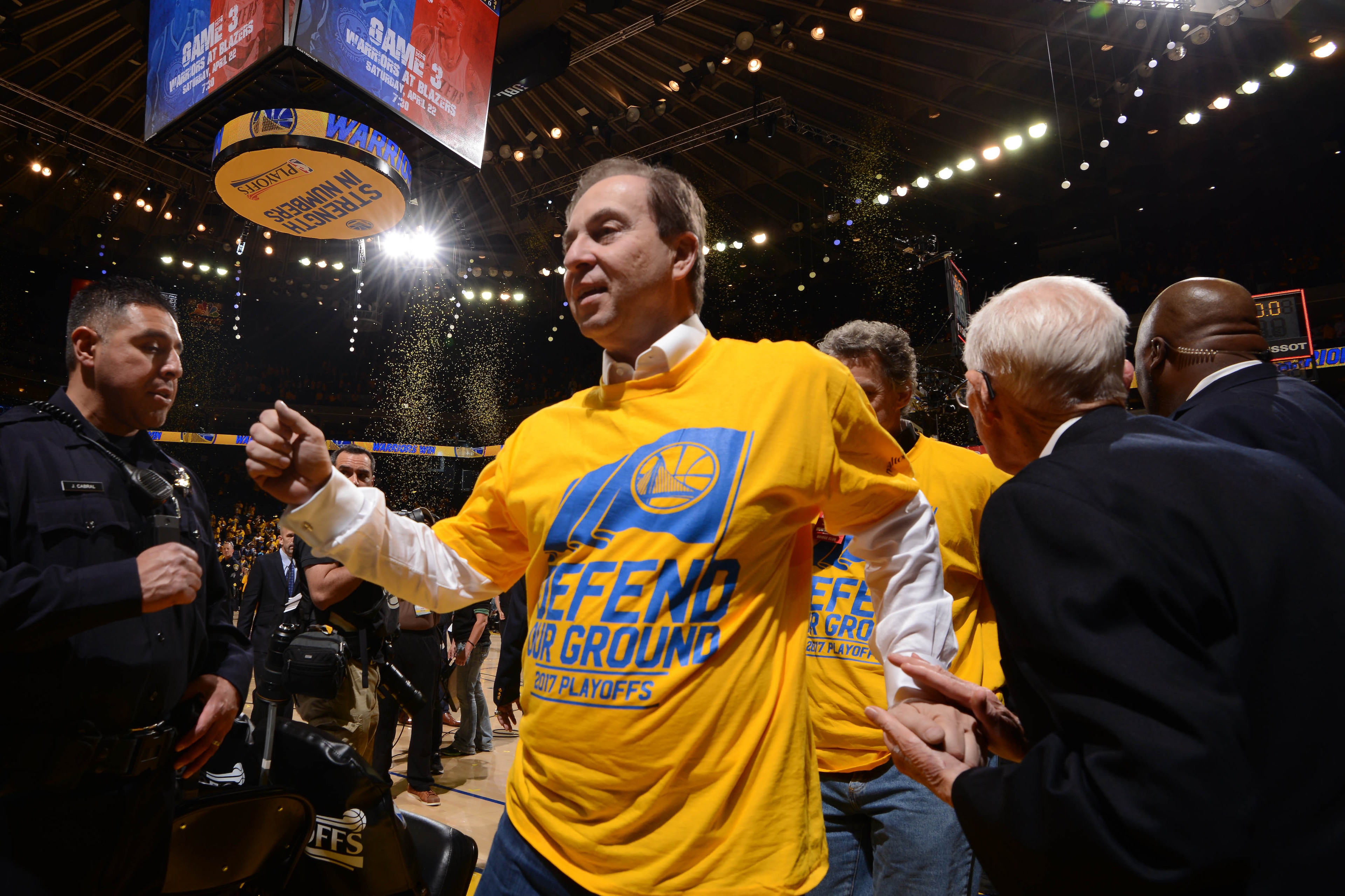 OAKLAND, CA - APRIL 19: Joe Lacob of the Golden State Warriors walks off the court after Game Two of the Western Conference Quarterfinals against the Portland Trail Blazers during the 2017 NBA Playoffs on April 19, 2017 at ORACLE Arena in Oakland, California. NOTE TO USER: User expressly acknowledges and agrees that, by downloading and or using this photograph, user is consenting to the terms and conditions of Getty Images License Agreement. Mandatory Copyright Notice: Copyright 2017 NBAE (Photo by Noah Graham/NBAE via Getty Images) OAKLAND, CA - APRIL 19: Joe Lacob of the Golden State Warriors walks off the court after Game Two of the Western Conference Quarterfinals against the Portland Trail Blazers during the 2017 NBA Playoffs on April 19, 2017 at ORACLE Arena in Oakland, California. NOTE TO USER: User expressly acknowledges and agrees that, by downloading and or using this photograph, user is consenting to the terms and conditions of Getty Images License Agreement. Mandatory Copyright Notice: Copyright 2017 NBAE (Photo by Noah Graham/NBAE via Getty Images)