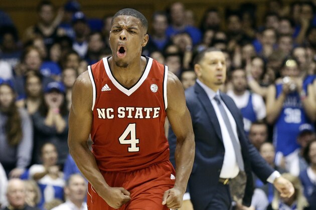 N.C. State's Dennis Smith Jr. (4) reacts following a basket against Duke during the second half of an NCAA college basketball game in Durham, N.C., Monday, Jan. 23, 2017. North Carolina State won 84-82. (AP Photo/Gerry Broome)