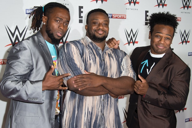 LONDON, ENGLAND - APRIL 18:  (L-R) Kofi Kingston, Big E and Xavier Woods of 'New Day' arrive for WWE RAW at 02 Brooklyn Bowl on April 18, 2016 in London, England.  (Photo by Ian Gavan/Getty Images)