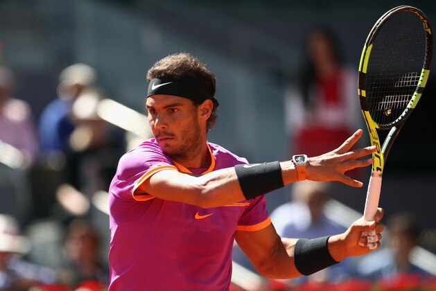 MADRID, SPAIN - MAY 13:  Rafael Nadal of Spain in action in his match against Novak Djokovic of Serbia in the semi finals during day eight of the Mutua Madrid Open tennis at La Caja Magica on May 13, 2017 in Madrid, Spain.  (Photo by Julian Finney/Getty Images)