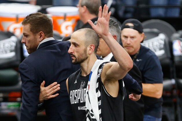 SAN ANTONIO, TX - MAY 22:  (EDITORS NOTE: Retransmission with alternate crop.) Manu Ginobili #20 of the San Antonio Spurs waves as he leaves the court after the Golden State Warriors defeated the San Antonio Spurs 129-115 in Game Four of the 2017 NBA Western Conference Finals at AT&T Center on May 22, 2017 in San Antonio, Texas. The Golden State Warriors defeat the San Antonio Spurs 4-0 in the Western Conference Finals to advance to the 2017 NBA Finals. NOTE TO USER: User expressly acknowledges and agrees that, by downloading and or using this photograph, User is consenting to the terms and conditions of the Getty Images License Agreement.  (Photo by Ronald Cortes/Getty Images)