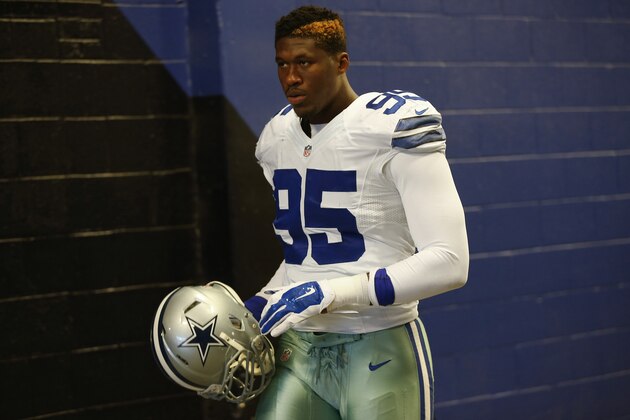 ORCHARD PARK, NY - DECEMBER 27: David Irving #95 of the Dallas Cowboys walks out onto the field for the start of the second half against the Buffalo Bills during NFL game action at Ralph Wilson Stadium on December 27, 2015 in Orchard Park, New York. (Photo by Tom Szczerbowski/Getty Images)