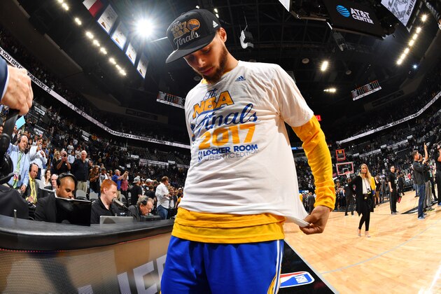 SAN ANTONIO, TX - MAY 22:  Stephen Curry #30 of the Golden State Warriors celebrates after Game Four of the Western Conference Finals of the 2017 NBA Playoffs on May 22, 2017 at the AT&T Center in San Antonio, Texas. NOTE TO USER: User expressly acknowledges and agrees that, by downloading and/or using this photograph, user is consenting to the terms and conditions of the Getty Images License Agreement. Mandatory Copyright Notice: Copyright 2017 NBAE (Photos by Jesse D. Garrabrant/NBAE via Getty Images)