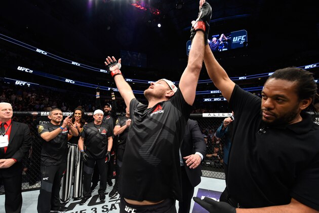 DALLAS, TX - MAY 13: Stipe Miocic celebrates his TKO victory over Junior Dos Santos in their UFC heavyweight championship fight during the UFC 211 event at the American Airlines Center on May 13, 2017 in Dallas, Texas. (Photo by Josh Hedges/Zuffa LLC/Zuffa LLC via Getty Images) DALLAS, TX - MAY 13: Stipe Miocic celebrates his TKO victory over Junior Dos Santos in their UFC heavyweight championship fight during the UFC 211 event at the American Airlines Center on May 13, 2017 in Dallas, Texas. (Photo by Josh Hedges/Zuffa LLC/Zuffa LLC via Getty Images)