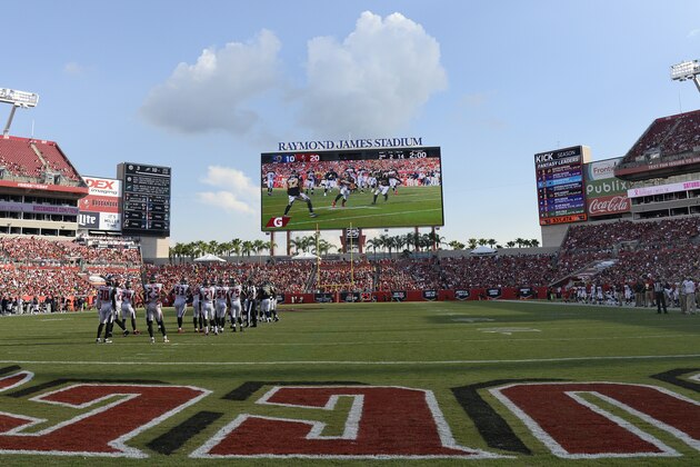 The new video boards at Raymond James Stadium during the second quarter of an NFL football game between the Tampa Bay Buccaneers and the Los Angeles Rams Sunday, Sept. 25, 2016, in Tampa, Fla. (AP Photo/Jason Behnken)