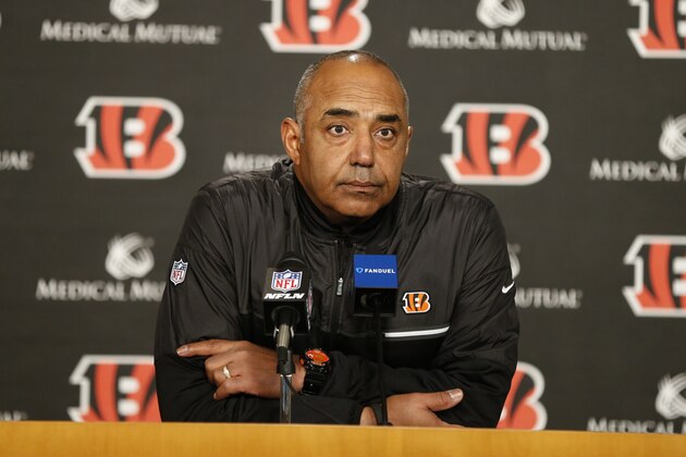 Cincinnati Bengals head coach Marvin Lewis speaks during a news conference after an NFL football game against the Baltimore Ravens, Sunday, Jan. 1, 2017, in Cincinnati. The Bengals won 27-10. (AP Photo/Gary Landers)