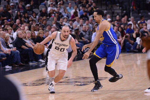 SAN ANTONIO, TX - MAY 20: Manu Ginobili #20 of the San Antonio Spurs drives to the basket against the Golden State Warriors during Game Four of the Western Conference Finals of the 2017 NBA Playoffs on May 20, 2017 AT&T Center in San Antonio, Texas. NOTE TO USER: User expressly acknowledges and agrees that, by downloading and or using this photograph, user is consenting to the terms and conditions of the Getty Images License Agreement. Mandatory Copyright Notice: Copyright 2017 NBAE (Photos by Noah Graham /NBAE via Getty Images)