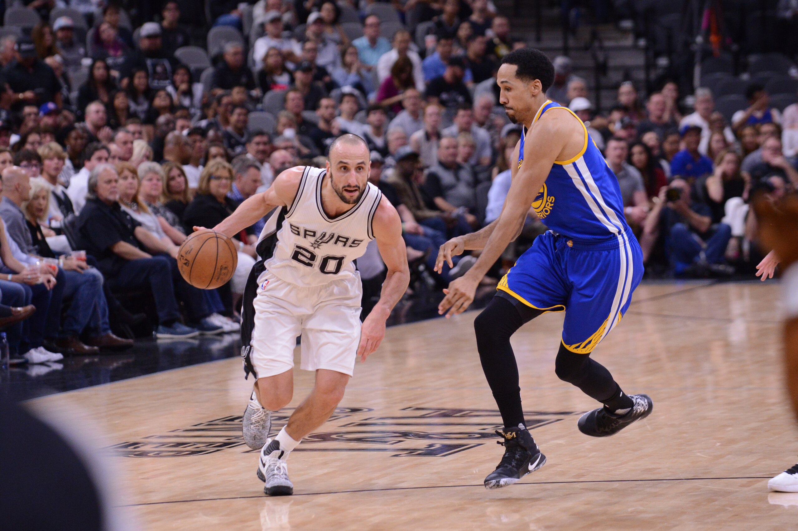 SAN ANTONIO, TX - MAY 20: Manu Ginobili #20 of the San Antonio Spurs drives to the basket against the Golden State Warriors during Game Four of the Western Conference Finals of the 2017 NBA Playoffs on May 20, 2017 AT&T Center in San Antonio, Texas. NOTE TO USER: User expressly acknowledges and agrees that, by downloading and or using this photograph, user is consenting to the terms and conditions of the Getty Images License Agreement. Mandatory Copyright Notice: Copyright 2017 NBAE (Photos by Noah Graham /NBAE via Getty Images)