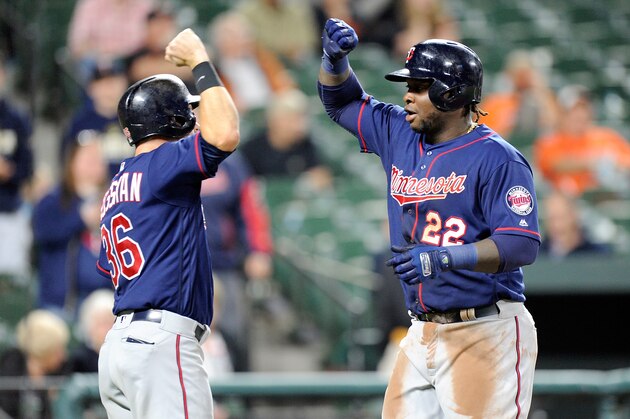 BALTIMORE, MD - MAY 22: Miguel Sano #22 of the Minnesota Twins celebrates with Robbie Grossman #36 after hitting a home run in the ninth inning against the Baltimore Orioles at Oriole Park at Camden Yards on May 22, 2017 in Baltimore, Maryland. Minnesota won the game 14-7. (Photo by Greg Fiume/Getty Images)