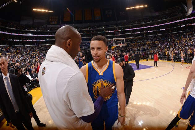 LOS ANGELES, CA - MARCH 6:  Kobe Bryant #24 of the Los Angeles Lakers shakes hands with Stephen Curry #30 of the Golden State Warriors after the game on March 6, 2016 at STAPLES Center in Los Angeles, California. NOTE TO USER: User expressly acknowledges and agrees that, by downloading and/or using this Photograph, user is consenting to the terms and conditions of the Getty Images License Agreement. Mandatory Copyright Notice: Copyright 2016 NBAE (Photo by Noah Graham/NBAE via Getty Images)