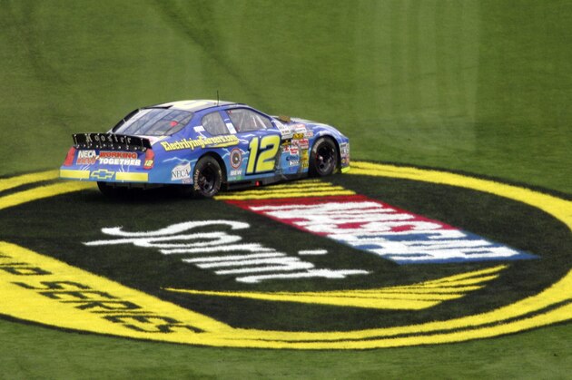 Alli Owens driving the No. 12 Chevrolet loses control and spins through the tri-oval across the NASCAR logo during the ARCA 200 auto race at the Daytona International Speedway in Daytona Beach, Fla., Saturday, Feb. 9, 2008.(AP Photo/David Graham)