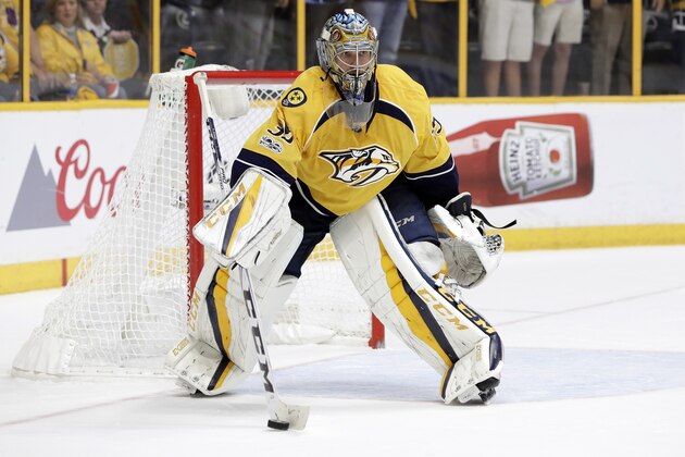 Nashville Predators goalie Pekka Rinne, of Finland, plays against the Anaheim Ducks during the third period in Game 6 of the Western Conference final in the NHL hockey Stanley Cup playoffs Monday, May 22, 2017, in Nashville, Tenn. (AP Photo/Mark Humphrey)