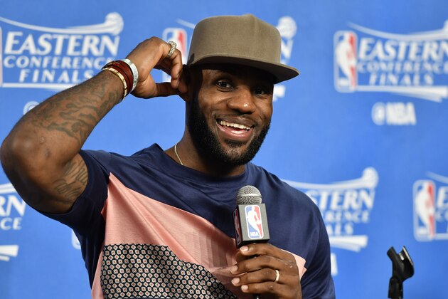CLEVELAND, OH - MAY 21:  LeBron James #23 of the Cleveland Cavaliers talks to the media during a press conference after Game Three of the Eastern Conference Finals against the Boston Celtics during the 2017 NBA Playoffs on May 21, 2017 at Quicken Loans Arena in Cleveland, Ohio.  NOTE TO USER: User expressly acknowledges and agrees that, by downloading and or using this Photograph, user is consenting to the terms and conditions of the Getty Images License Agreement. Mandatory Copyright Notice: Copyright 2017 NBAE (Photo by David Liam Kyle/NBAE via Getty Images)