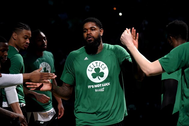BOSTON, MA - MAY 15:  Amir Johnson #90 of the Boston Celtics high fives high fives before the game against the Washington Wizards during Game Seven of the Eastern Conference Semifinals of the 2017 NBA Playoffs on May 15, 2017 at TD Garden in Boston, MA. NOTE TO USER: User expressly acknowledges and agrees that, by downloading and or using this Photograph, user is consenting to the terms and conditions of the Getty Images License Agreement. Mandatory Copyright Notice: Copyright 2017 NBAE (Photo by Brian Babineau/NBAE via Getty Images)