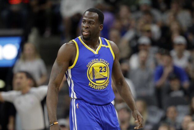 Golden State Warriors' Draymond Green (23) reacts to play against the San Antonio Spurs during the first half in Game 4 of the NBA basketball Western Conference finals, Monday, May 22, 2017, in San Antonio. (AP Photo/Eric Gay)