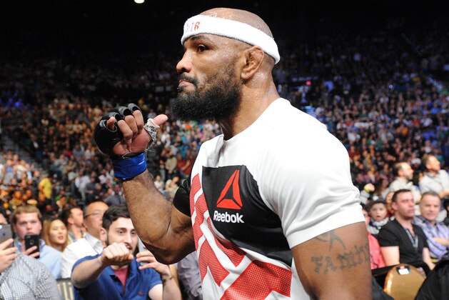 December 12, 2015; Las Vegas, NV, USA; Yoel Romero celebrates his victory against Ronaldo Souza during UFC 194 at MGM Grand Garden Arena. Mandatory Credit: Gary A. Vasquez-USA TODAY Sports