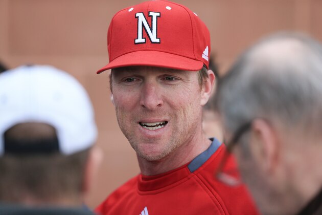 In this photo from March 31, 2016, Nebraska coach Darin Erstad talks to reporters before an NCAA college baseball practice in Lincoln, Neb. Nebraska won two of three games against last-place Penn State over the weekend and won the Big Ten title by a half-game over Michigan. The Cornhuskers hadn't won a conference title since 2005, when they were in the Big 12. (AP Photo/Nati Harnik)