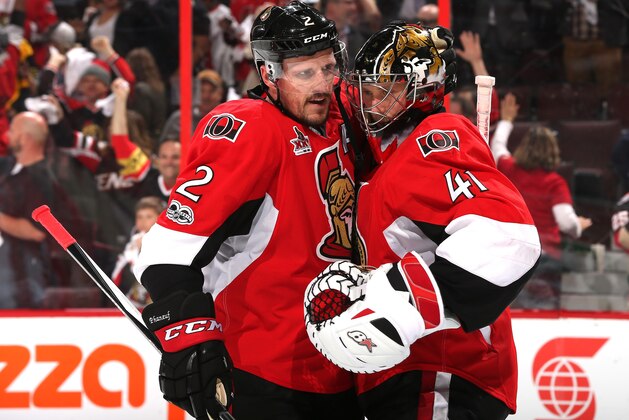 OTTAWA, ON - MAY 23:  Craig Anderson #41 and Dion Phaneuf #2 of the Ottawa Senators celebrate after defeating the Pittsburgh Penguins with a score of 2 to 1 in Game Six of the Eastern Conference Final during the 2017 NHL Stanley Cup Playoffs at Canadian Tire Centre on May 23, 2017 in Ottawa, Canada.  (Photo by Jana Chytilova/Freestyle Photo/Getty Images)