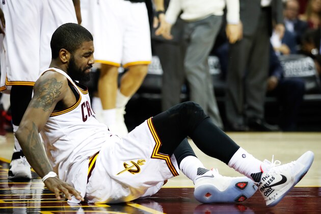 CLEVELAND, OH - MAY 23:  Kyrie Irving #2 of the Cleveland Cavaliers reacts after injuring his ankle in the third quarter against the Boston Celtics during Game Four of the 2017 NBA Eastern Conference Finals at Quicken Loans Arena on May 23, 2017 in Cleveland, Ohio. NOTE TO USER: User expressly acknowledges and agrees that, by downloading and or using this photograph, User is consenting to the terms and conditions of the Getty Images License Agreement.  (Photo by Gregory Shamus/Getty Images)