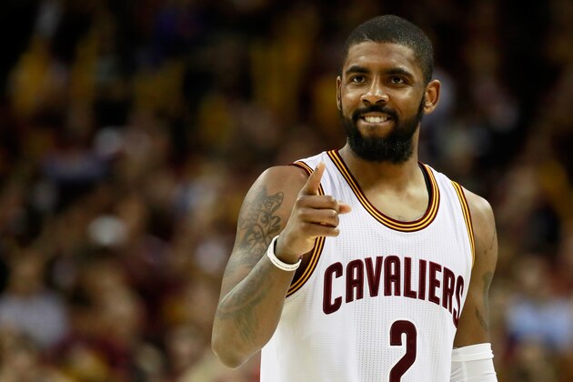 CLEVELAND, OH - MAY 23:  Kyrie Irving #2 of the Cleveland Cavaliers celebrates late in the fourth quarter of their 112 to 99 win over the Boston Celtics during Game Four of the 2017 NBA Eastern Conference Finals at Quicken Loans Arena on May 23, 2017 in Cleveland, Ohio. NOTE TO USER: User expressly acknowledges and agrees that, by downloading and or using this photograph, User is consenting to the terms and conditions of the Getty Images License Agreement.  (Photo by Gregory Shamus/Getty Images)