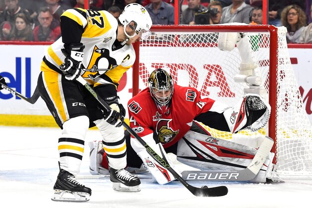 OTTAWA, ON - MAY 23:  Sidney Crosby #87 of the Pittsburgh Penguins takes a shot on Craig Anderson #41 of the Ottawa Senators during the second period in Game Six of the Eastern Conference Final during the 2017 NHL Stanley Cup Playoffs at Canadian Tire Centre on May 23, 2017 in Ottawa, Canada.  (Photo by Minas Panagiotakis/Getty Images)