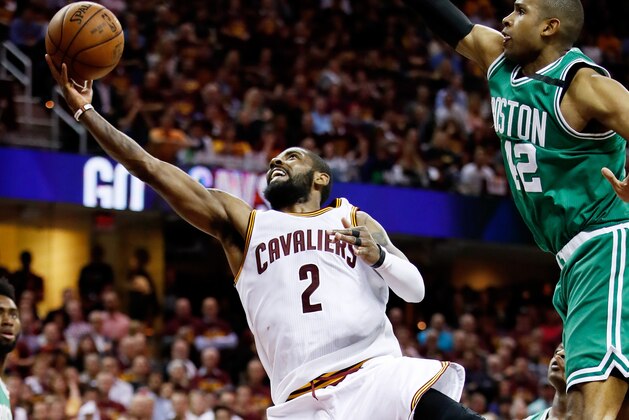 CLEVELAND, OH - MAY 23:  Kyrie Irving #2 of the Cleveland Cavaliers shoots against the Boston Celtics in the second half during Game Four of the 2017 NBA Eastern Conference Finals at Quicken Loans Arena on May 23, 2017 in Cleveland, Ohio. NOTE TO USER: User expressly acknowledges and agrees that, by downloading and or using this photograph, User is consenting to the terms and conditions of the Getty Images License Agreement.  (Photo by Gregory Shamus/Getty Images)
