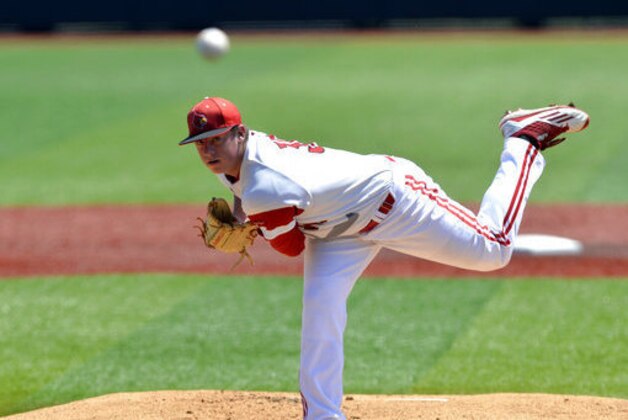 FILE - In this June 11, 2016, file photo, Louisville pitcher Brendan McKay throws against UC Santa Barbara during an NCAA college baseball tournament super regional game in Louisville, Ky. McKay was named the Atlantic Coast Conference's Player of the Year by league coaches Monday, May 22, 2017. (AP Photo/Timothy D. Easley, File)